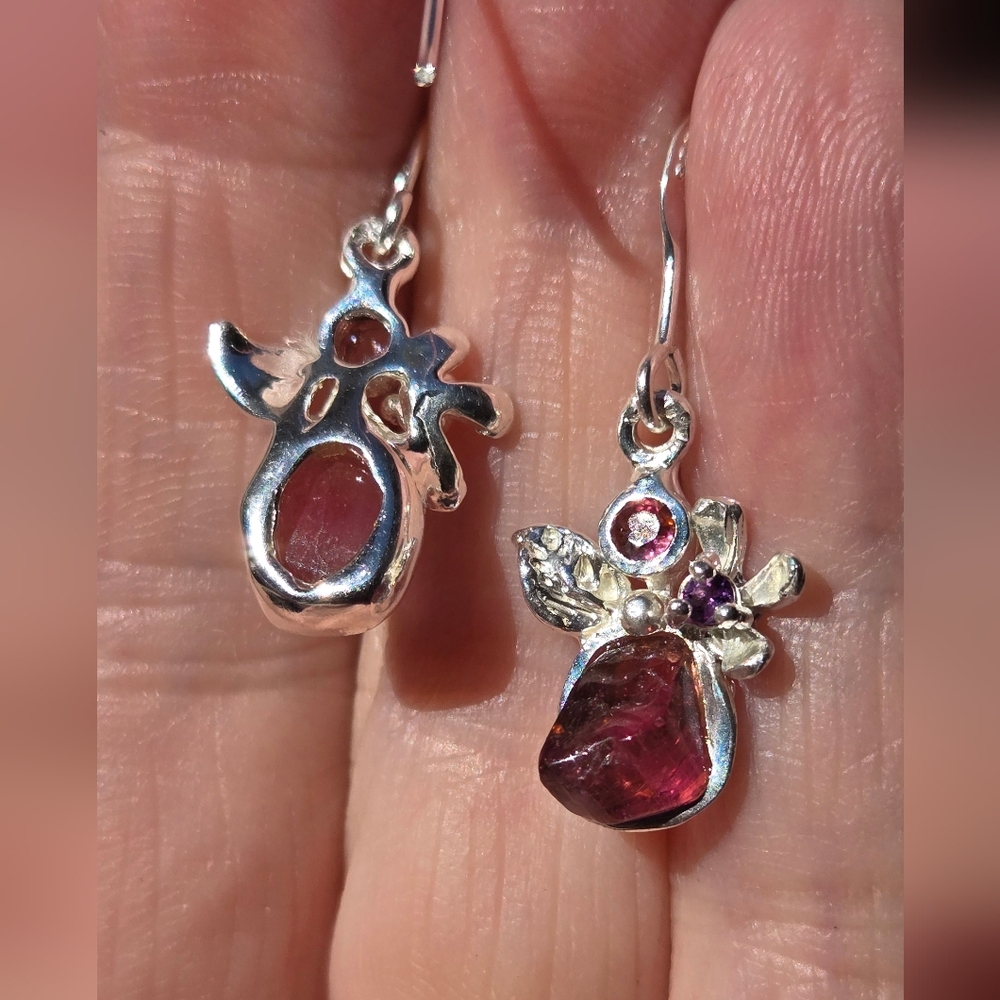 HOST PICK🎉🎊Pink Tourmaline Rhodalite & Amethyst Sterling & White Gold Earrings - Picture 11 of 11